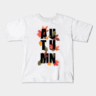 Autumn word and leaves BLACK Kids T-Shirt